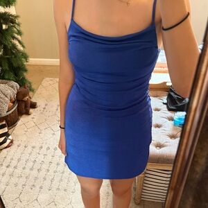 Vibrant blue cowl neck dress to wear to your fun semi-formal events.